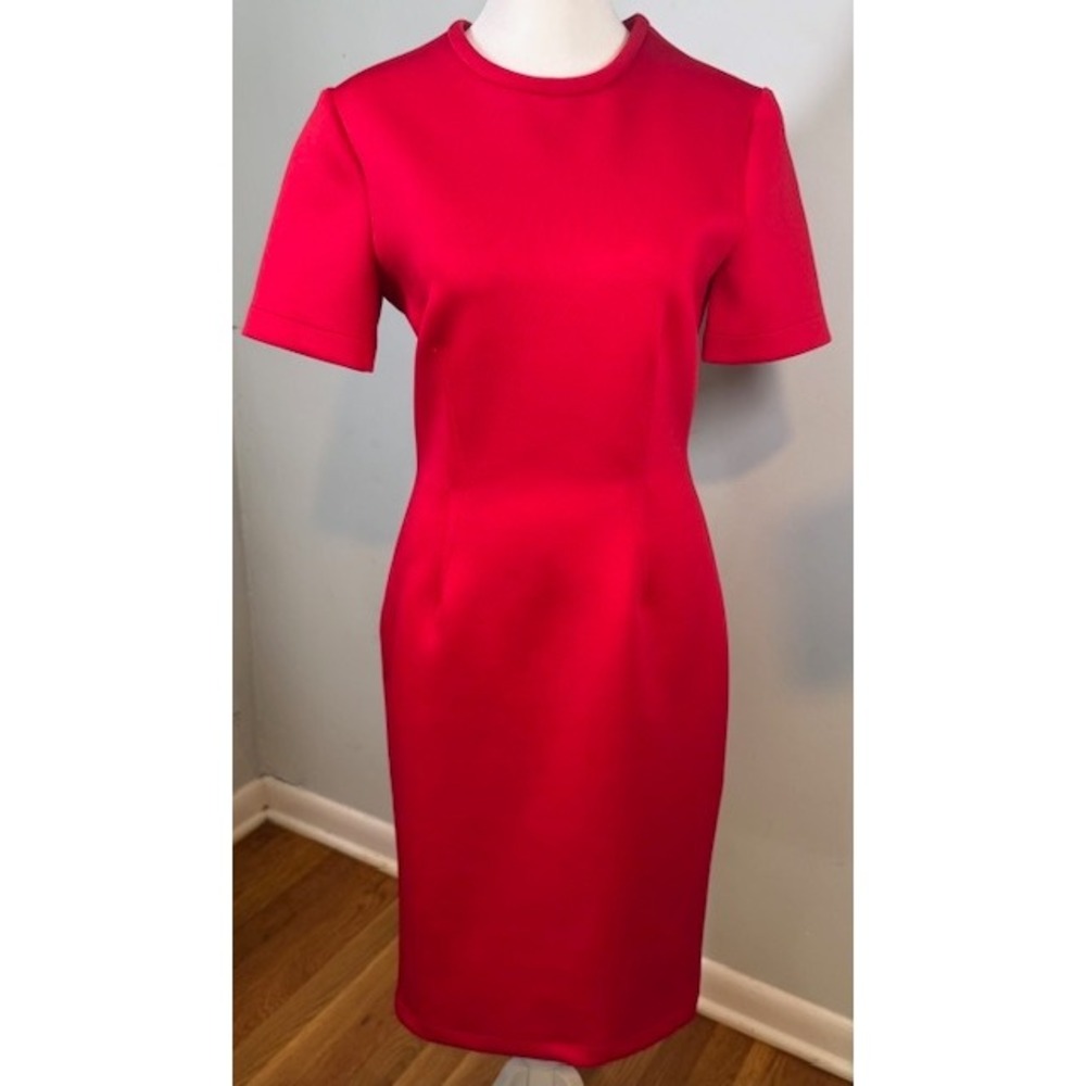 Yigal Azrouël Scuba Sheath Dress Red Short Sleeve Crew Neck Back Zip Made in NYC